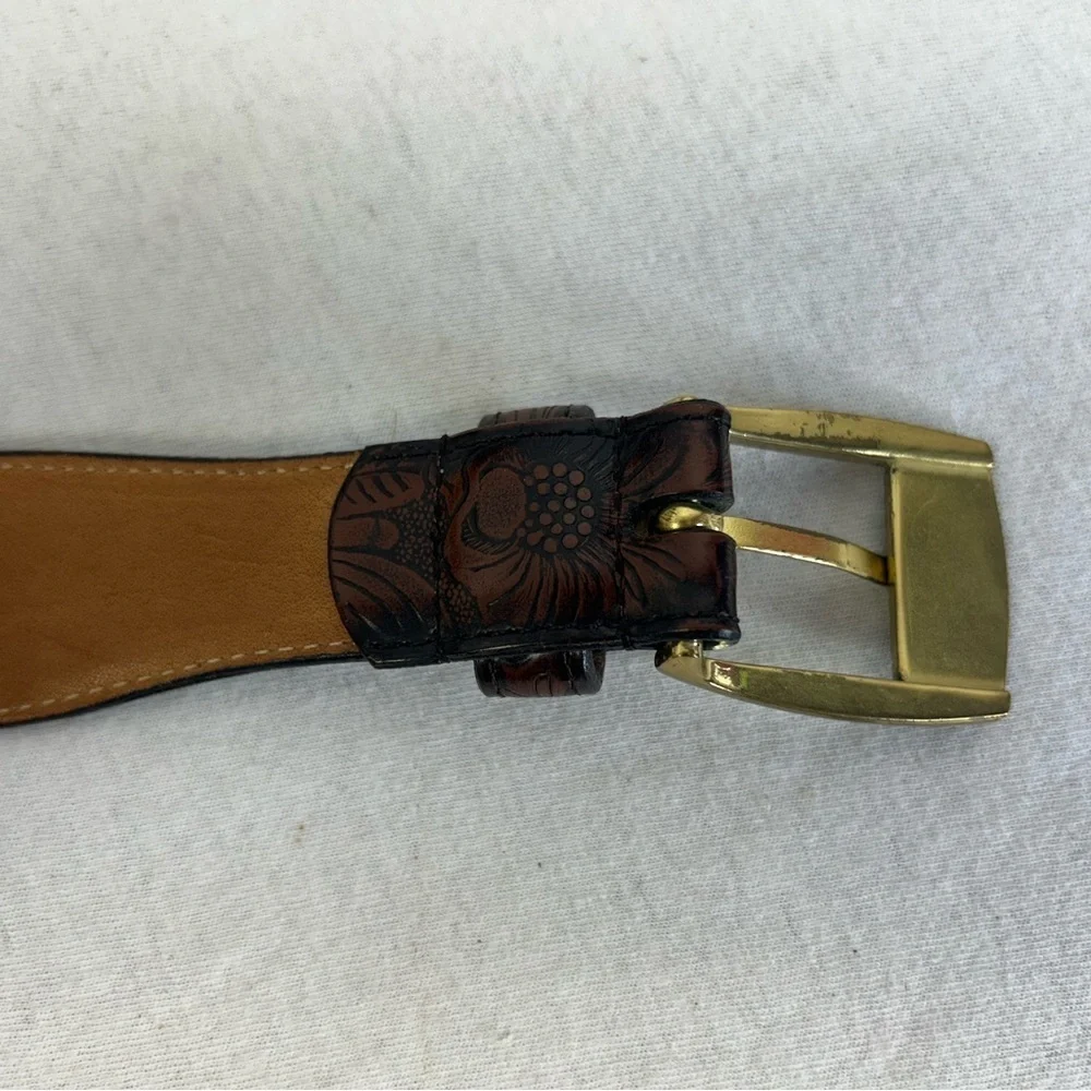 Perry Ellis 36 Brown‎ Embossed Leather Belt with Gold Buckle Cowhide Floral